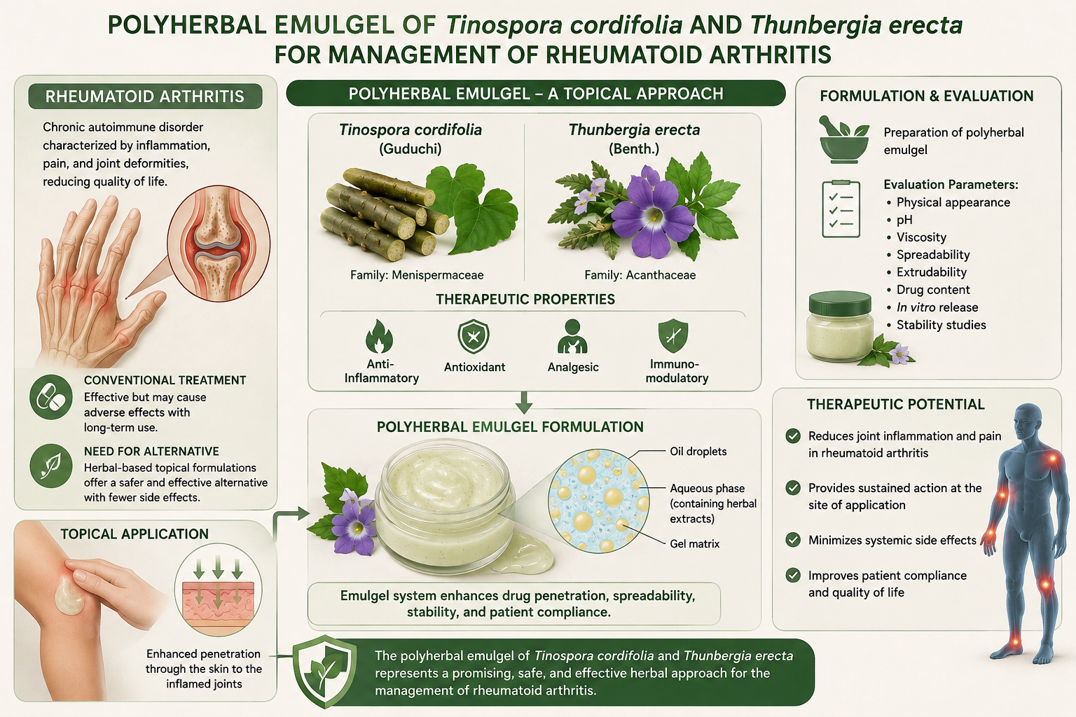 A review on therapuetic potential of Tinospora Cordifolia and Thunbergia Erecta in polyherbal emulgel formulation for rheumatoid arthritis